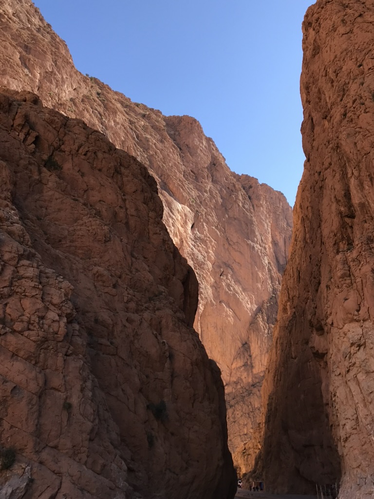 Narrow canyon with towering red rock walls
